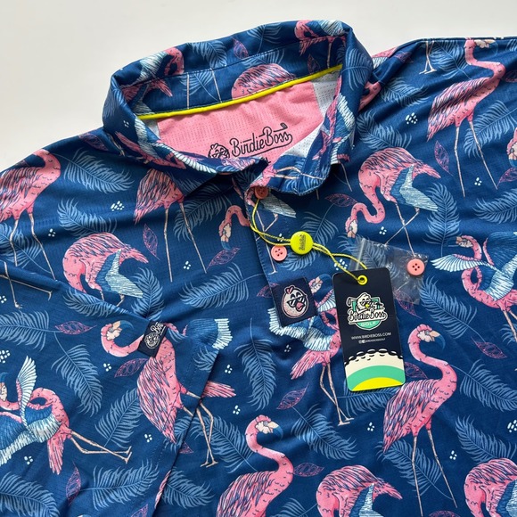 Other - Birdie Boss Mens XXL Flamingo Tropical Golf Polo Navy Blue Pink NWT BB-POLO-FLAM